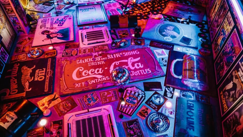 Colorful retro signage and vintage Americana decor in a captivating artistic layout with vibrant lighting.